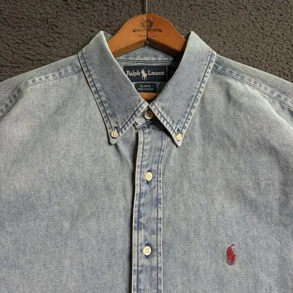 Vintage Polo Ralph Lauren Denim Button Down Shirt Mens XL Red Pony Old Money
